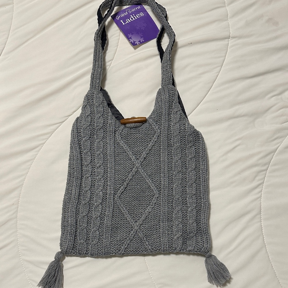 Gray Knit Shoulder Bag with Tassels